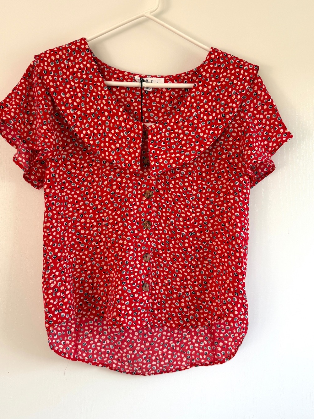 THML Women’s Red Floral Button-Front Blouse with Peter Pan Collar